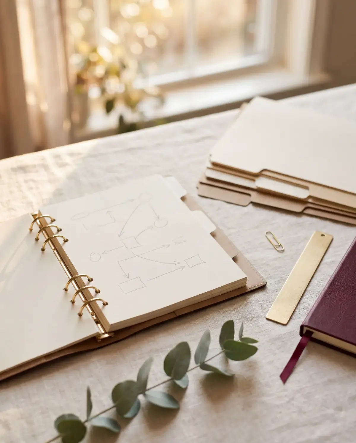 An editorial still-life on cream linen in golden-hour window light — an open ring-bound planner with a faint hand-drawn process flowchart, a stack of tabbed file dividers, a brass ruler and paperclip, a deep-burgundy notebook with a ribbon, and a eucalyptus sprig in the foreground.