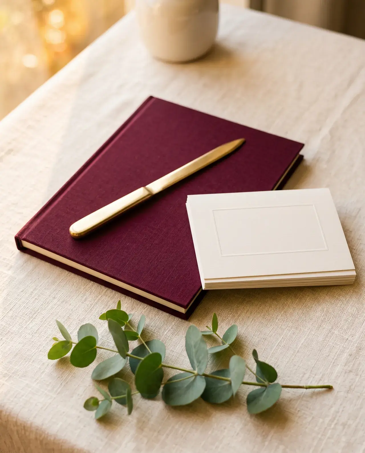 An editorial still-life on cream linen in golden-hour window light — a closed deep-burgundy linen portfolio with a slim brass letter-opener resting diagonally across it, a small stack of blank cream letterpress cards beside it, and a fresh eucalyptus sprig in the foreground.
