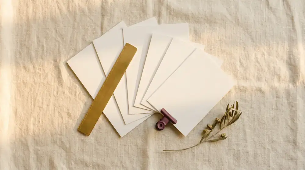 A small flat-lay on cream linen — a fan of blank cream layout cards with a slim brass ruler, a burgundy clip, and an olive sprig.