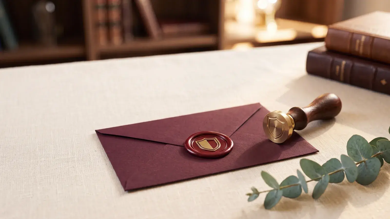 A premium still-life suggesting trust and outreach — a deep burgundy wax-sealed envelope stamped with a brass shield emblem, a matching antique brass seal stamp beside it, and a eucalyptus sprig on warm cream linen, with softly blurred leather-bound books and golden window light behind.