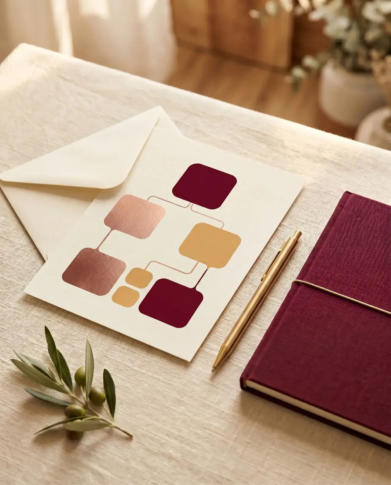 An editorial still-life on cream linen in warm light — a printed coordinated-campaign diagram of connected rounded tiles in burgundy, rose-gold and honey, a cream paper envelope behind it, a slim brass pen, a deep burgundy linen-bound notebook, and a fresh olive sprig in the foreground.