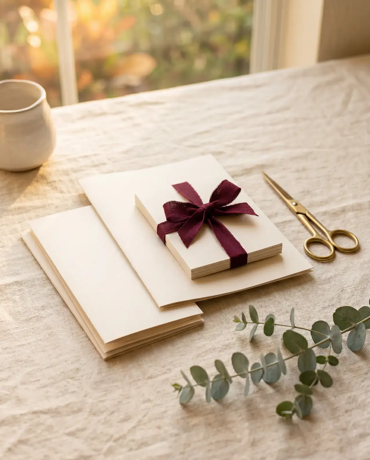 An editorial still-life on cream linen in golden-hour window light — a layered spread of finished blank printed pieces with a bundle of blank cream cards tied in a deep-burgundy ribbon, a pair of brass scissors, and a eucalyptus sprig in the foreground.