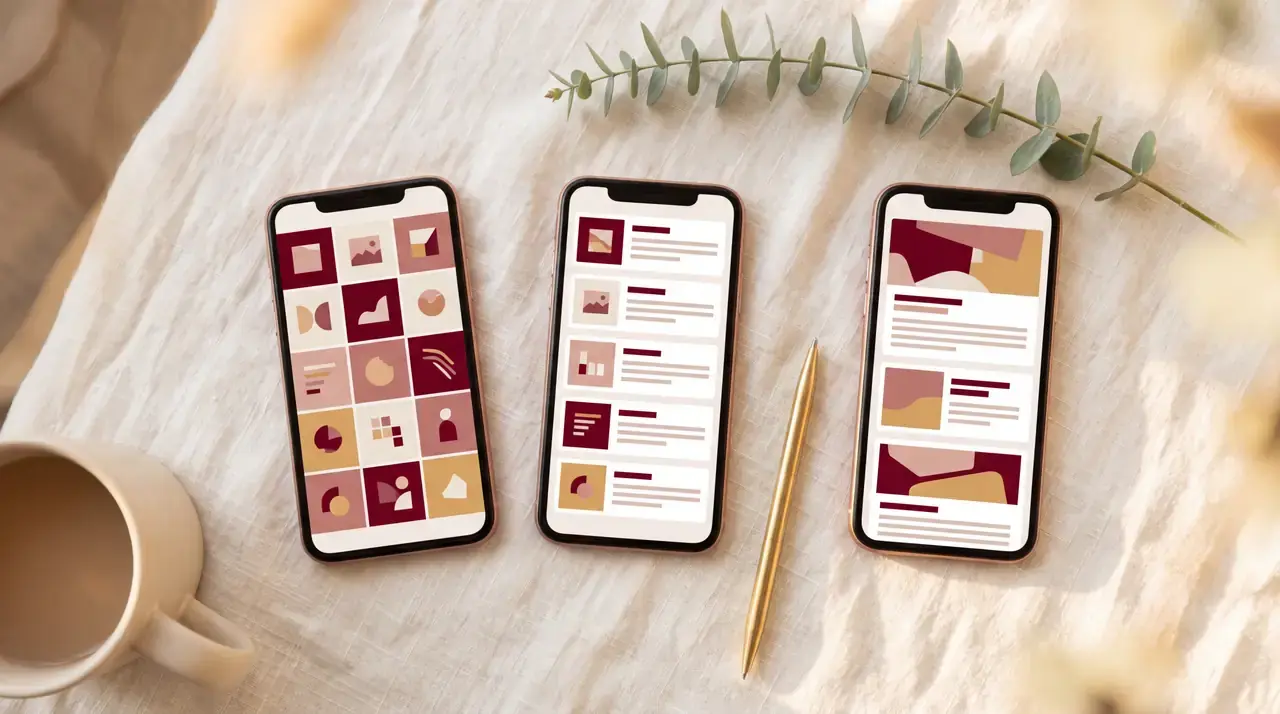 Three smartphones laid flat side by side on cream linen in golden-hour window light — left phone showing an Instagram-style square-tile content grid in burgundy, cream, rose-gold and honey tones; middle phone showing a Facebook-style vertical stack of feed cards; right phone showing a LinkedIn-style professional article-card layout. A eucalyptus sprig stretches diagonally across the upper-right, a slim brass pen rests between two of the phones, and a cream ceramic mug warms the bottom-left edge. Same brand palette across all three platforms.