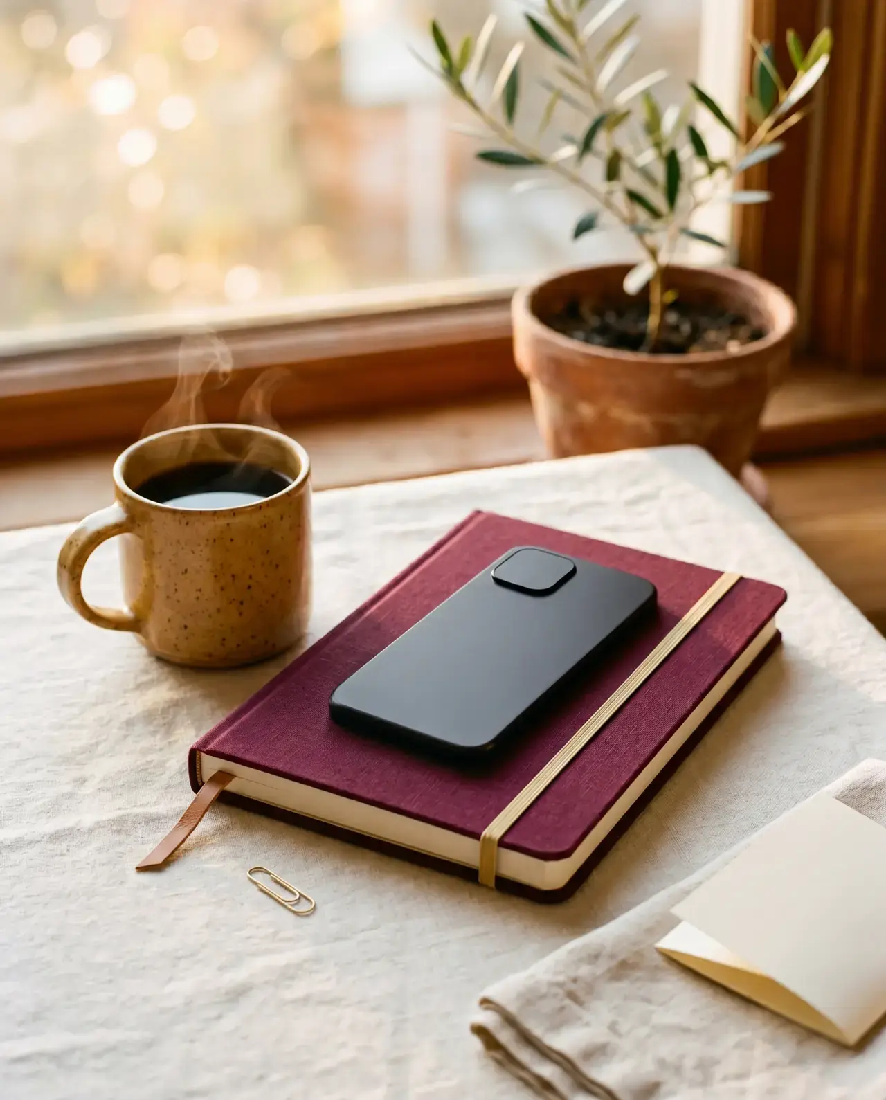 Eye-level desk moment in warm late-afternoon window light — a smartphone resting face-down on a closed burgundy linen-bound notebook with a gold elastic band and a leather bookmark, beside a handmade honey-glazed ceramic mug of coffee with a single curl of steam, a brass paperclip near the spine, a young olive plant in a terracotta pot in the soft bokeh, a linen napkin fold and folded cream paper sheet in the lower-right. A calm 'the system runs itself' still life signaling established, finished work.