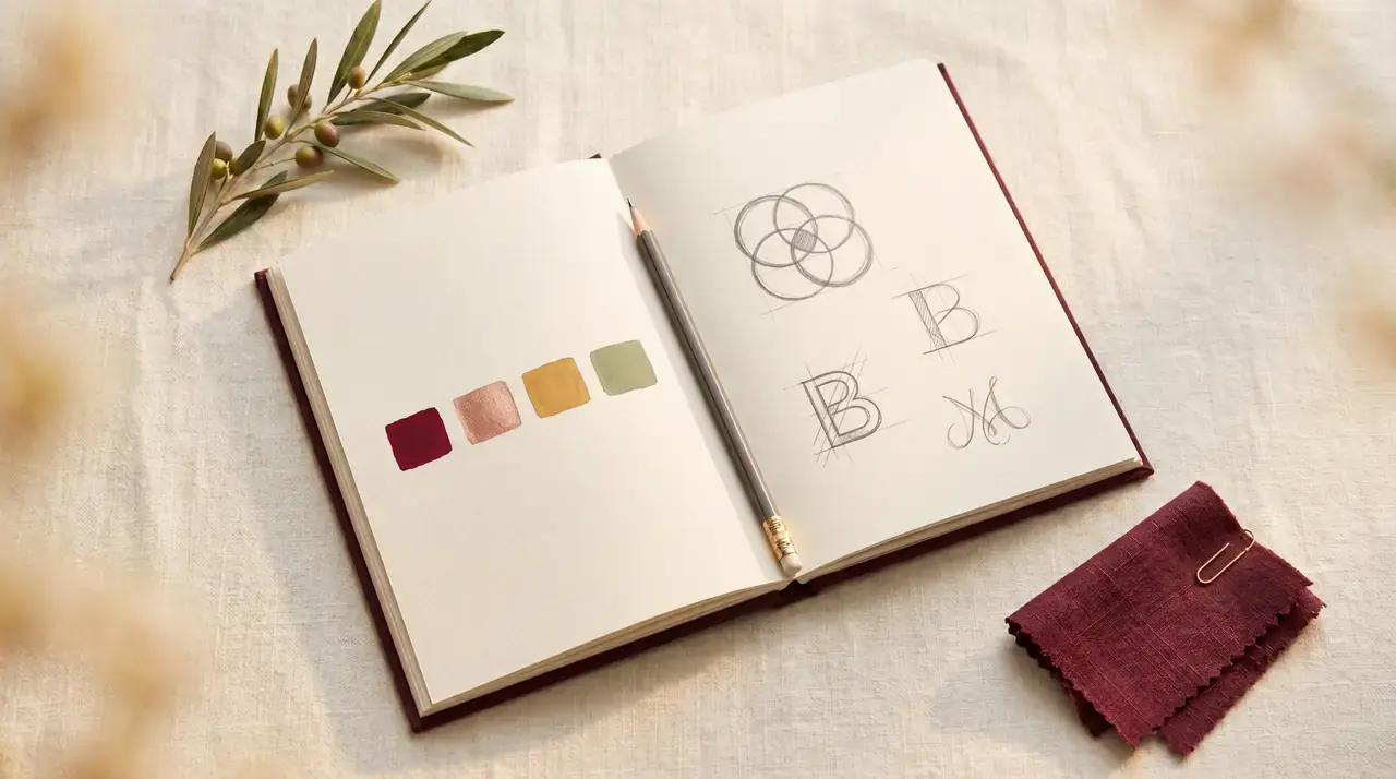 A top-down brand identity workspace on cream linen — an open hardcover brand book with four horizontal color swatches in burgundy, rose-gold, honey and olive on the left page, and hand-drawn brand-mark studies in pencil (a geometric circle, two initial letter explorations, a sketched monogram) on the right page. A slim brass-ferrule pencil rests across the spine, a folded burgundy linen fabric swatch with a brass paperclip sits in the lower-right, and a small olive branch in the upper-left.