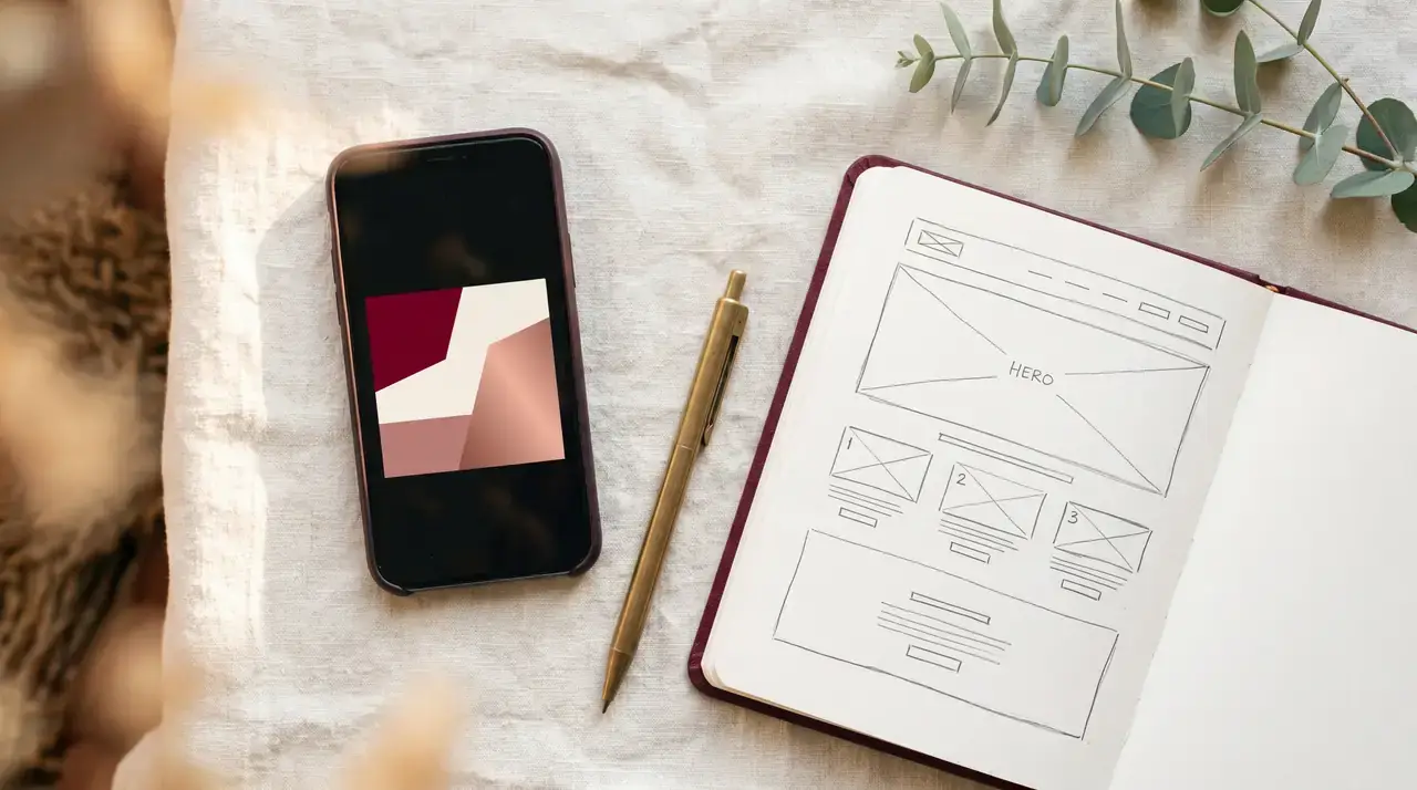 A small flat-lay on cream linen — an open notebook with a hand-drawn website wireframe sketch, a brass pen, and a eucalyptus sprig.