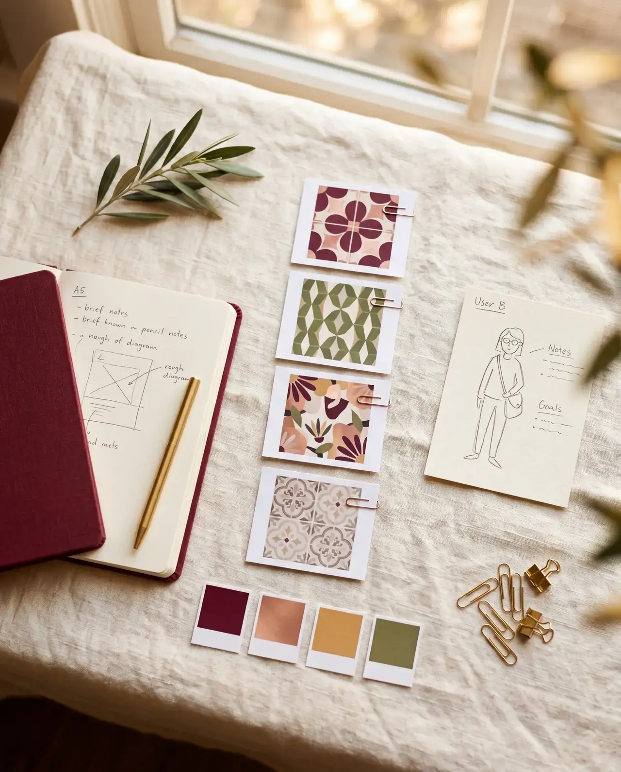 A strategy session laid out flat on cream linen in golden-hour window light — an open burgundy linen-bound notebook with handwritten pencil notes and a brass pen across the spine, a vertical audit cluster of four small printed feed mockups in burgundy and rose-gold tones with tiny rose-gold paperclips, a cream persona index-card with a line-drawn figure and pencil annotations, four content-pillar color swatches in burgundy, rose-gold, honey and olive, an olive branch in the upper-left, and a brass paperclip cluster at the bottom-right.