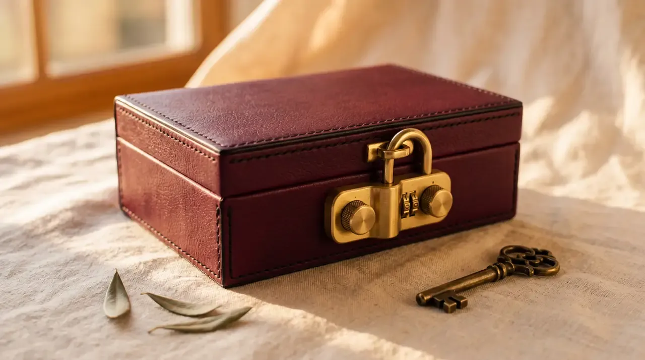 A closed deep burgundy hand-stitched leather strong-box with a prominent polished brass padlock and an antique brass skeleton-key resting beside it on a warm cream linen surface, two dried olive leaves in the lower-left, soft golden-hour window-light from the upper-right. A still-life suggesting vault-grade trust and pre-digital authenticity translated into modern cybersecurity craft.