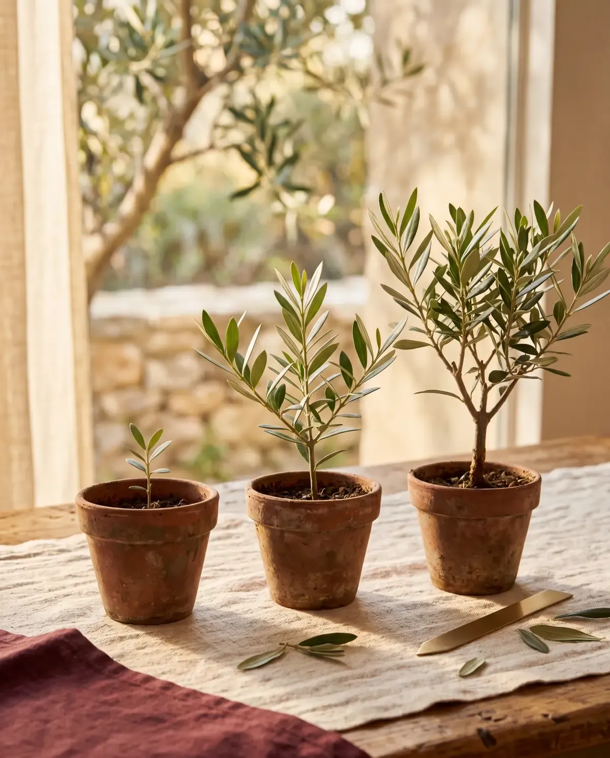 Three weathered terracotta pots in a row on cream linen in warm golden-hour light, each holding an olive plant at a different stage of growth — a small seedling on the left, a fuller sapling in the middle, and an established young olive tree on the right — reading as steady growth over time. A slim brass plant marker and a few loose olive leaves rest on the linen, with the edge of a deep-burgundy runner in the foreground and an olive tree softly out of focus through the window behind.