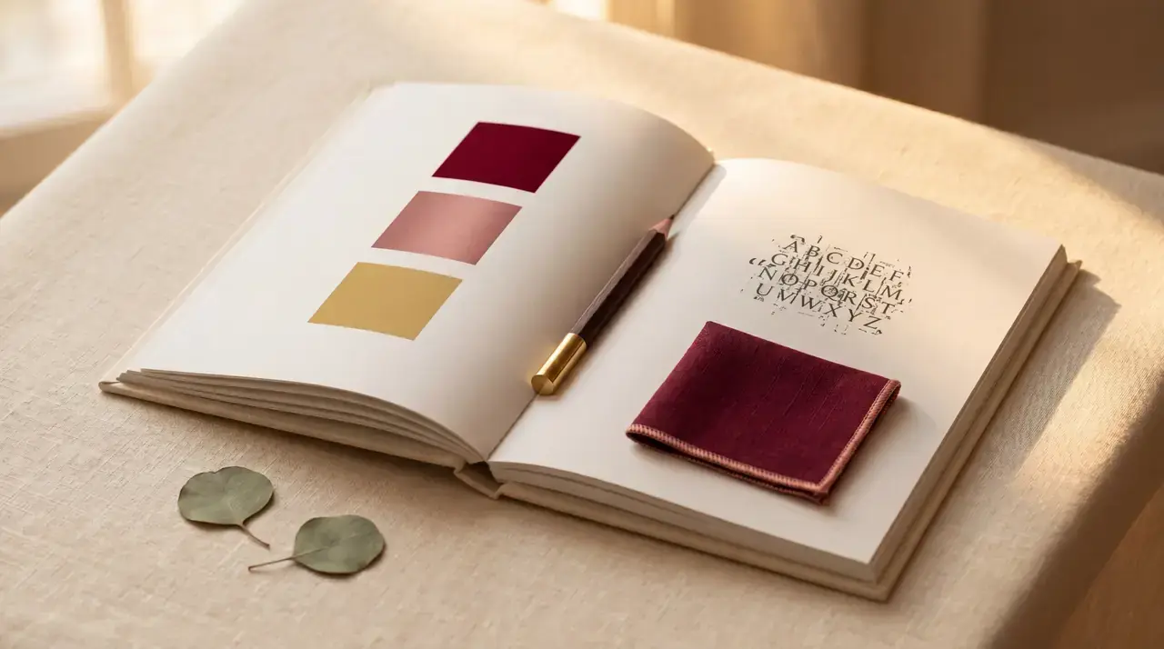 A small flat-lay on cream linen — a brand swatch and a brass detail with a eucalyptus sprig.