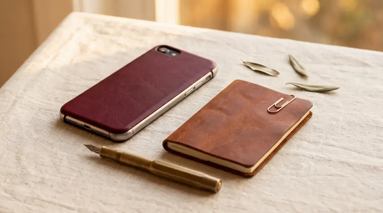 A small flat-lay on cream linen — a smartphone showing an abstract social-post tile beside a hand-sketched layout, a brass pen, and a eucalyptus sprig.