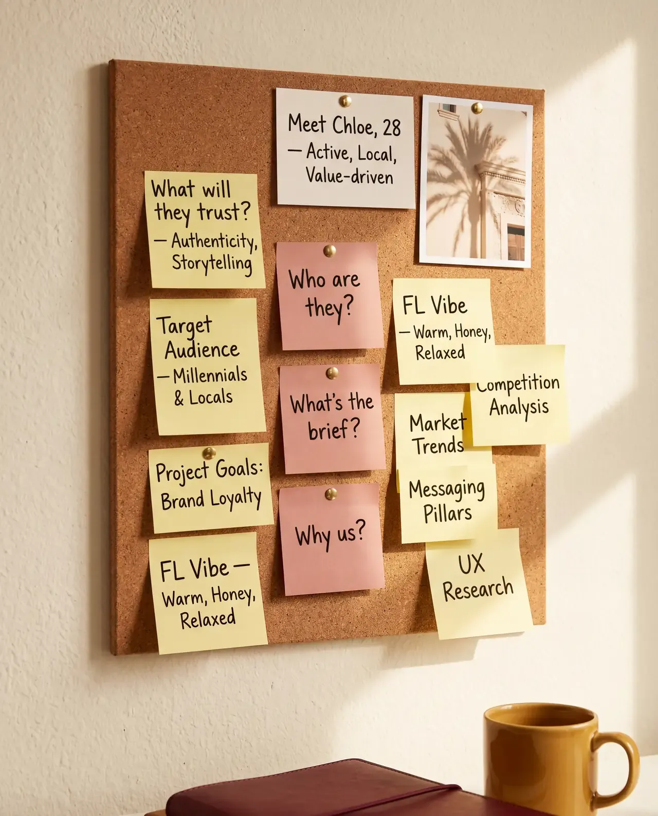 Florida design studio strategy wall — cork pinboard with yellow and rose-gold Post-it notes showing strategy questions like 'Who are they?', 'What's the brief?', 'Why us?', a persona card 'Meet Chloe, 28 — Active, Local, Value-driven', and a Florida palm-shadow mood photograph, illuminated by warm afternoon sunlight.