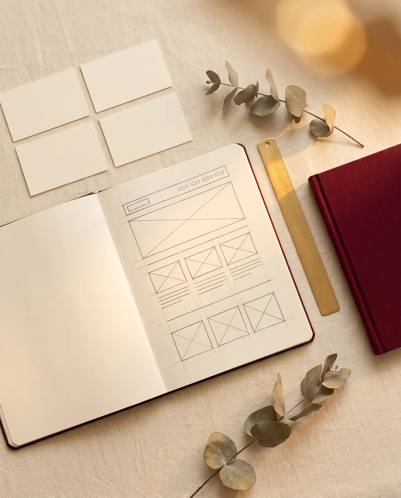 Editorial still-life of a design studio desk — an open sketchbook with a hand-drawn website wireframe, a brass ruler, a burgundy notebook, and blank content cards arranged in a grid on warm cream linen in golden-hour light.