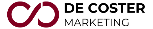 2-1-e1742778123861 Minimalistic burgundy infinity-style logo with the brand name “de Coster Marketing” in modern black typography.