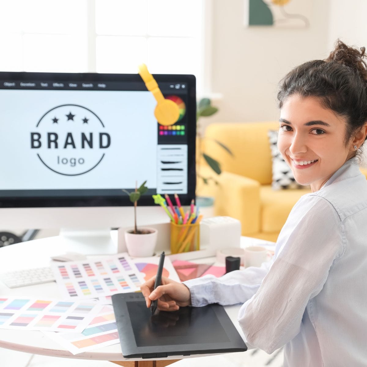 Smiling female graphic designer working on a brand logo at her desk with color swatches and a pen tablet.
