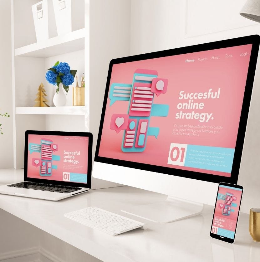 Modern digital strategy interface displayed on desktop, laptop, and smartphone in a white home office setting.