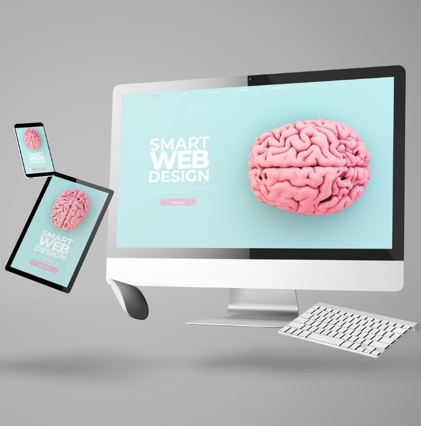 Floating devices displaying “Smart Web Design” with a 3D brain on pastel background.