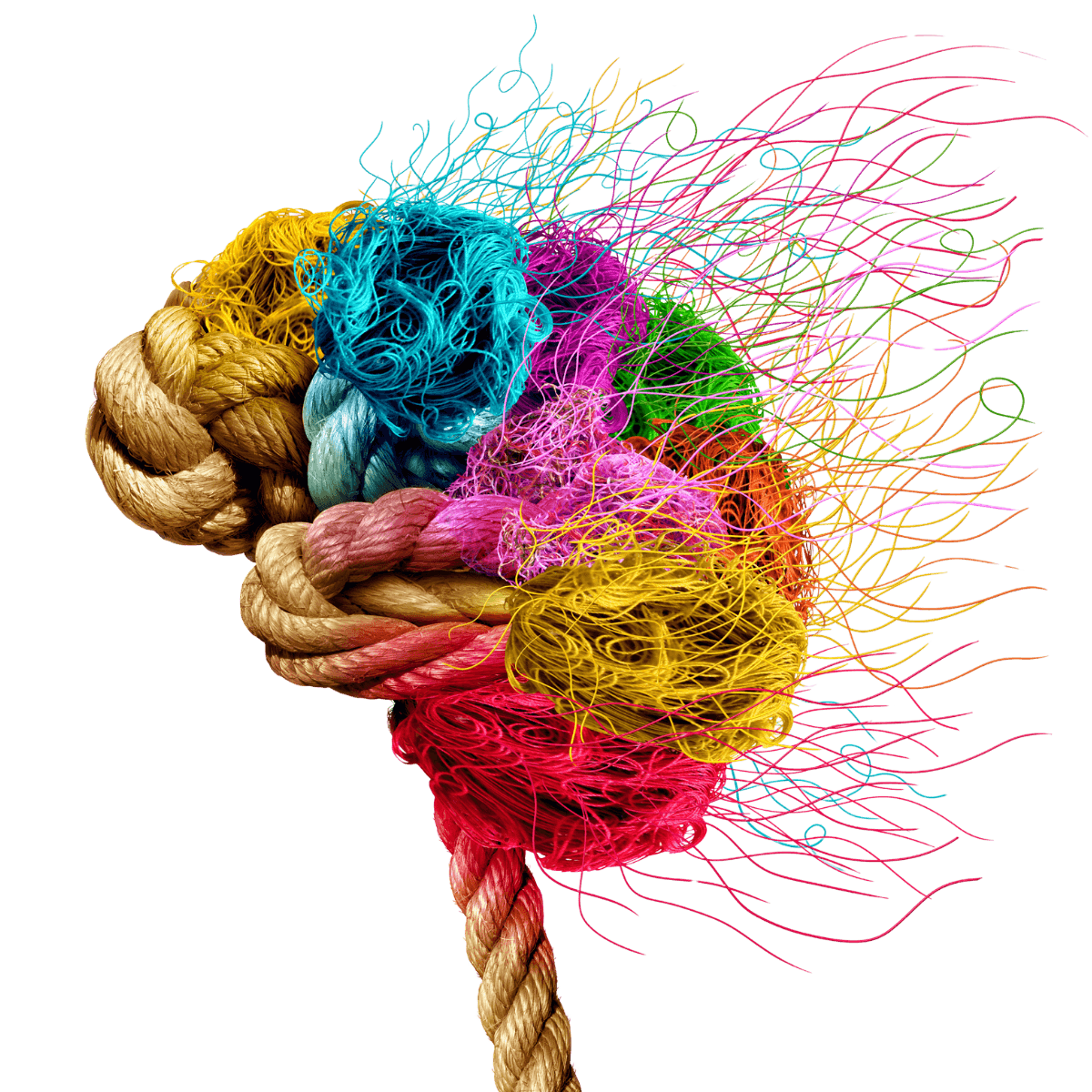Colorful brain made of twisted rope and loose threads, symbolizing creativity, complexity, and interconnected ideas.