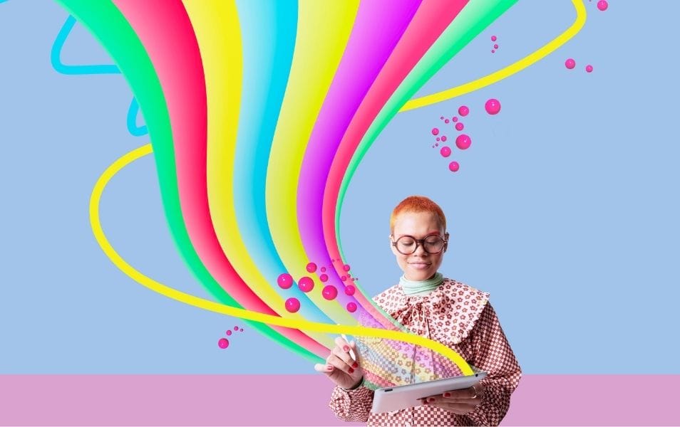 Creative person with glasses drawing on a digital tablet, with a vibrant rainbow-colored swirl emerging from the screen against a pastel background.