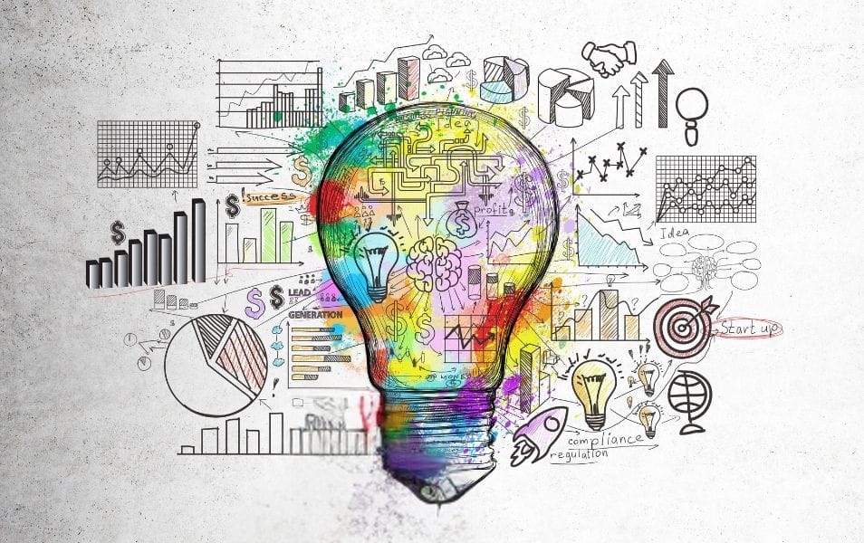 Colorful lightbulb illustration surrounded by business graphs, charts, and doodles representing creative ideas, strategy, and innovation.