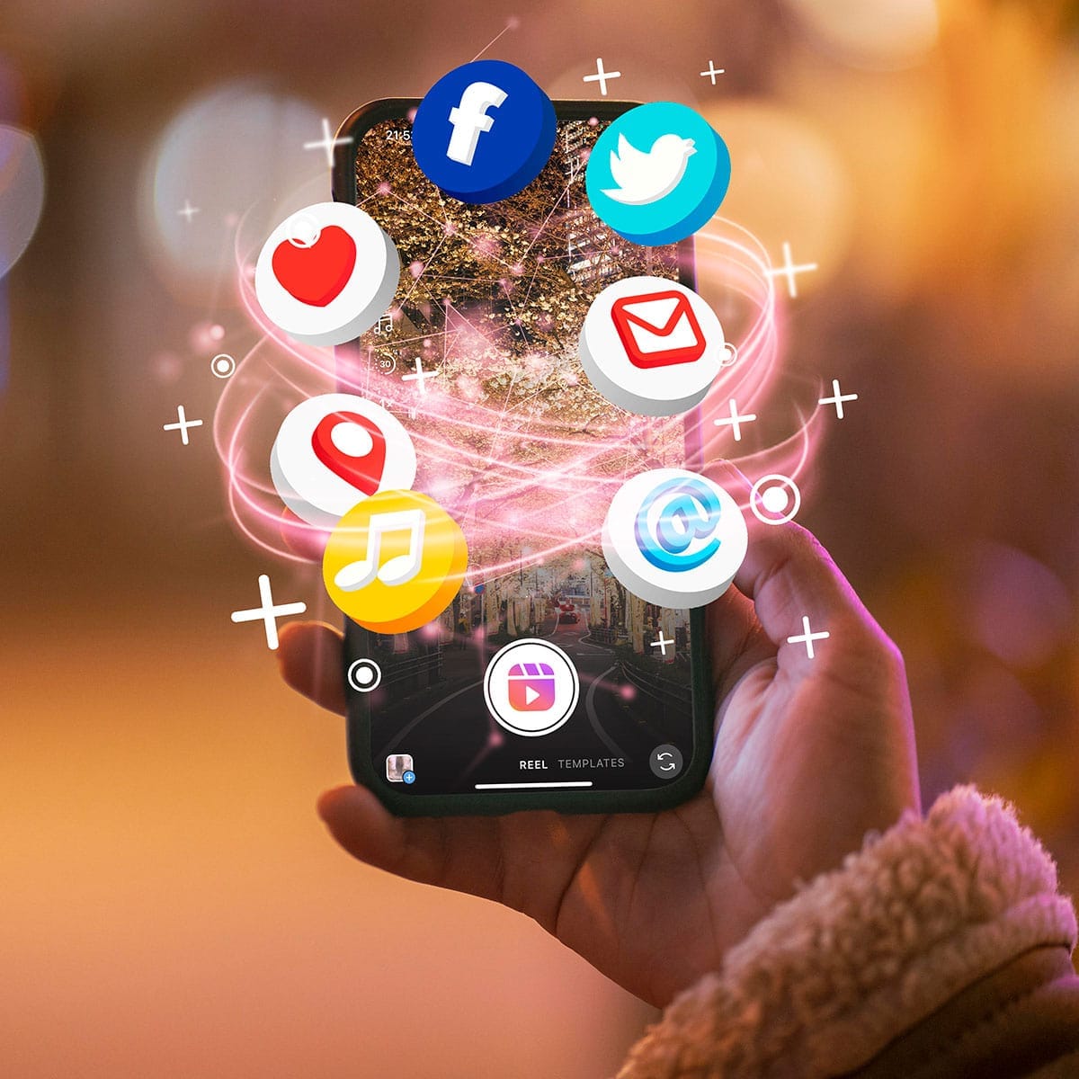 A hand holding a smartphone with glowing social media icons floating above the screen, symbolizing digital engagement and online connectivity.
