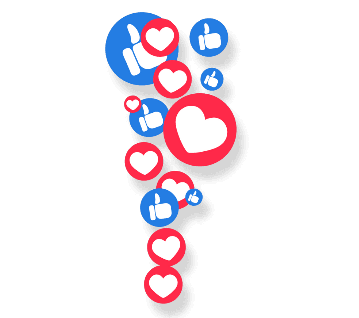 Red heart and blue thumbs-up icons floating upward on a white background, representing social media engagement.