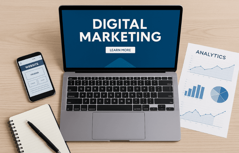Laptop screen with “Digital Marketing” text, surrounded by analytics charts, smartphone, and notebook on a wooden desk.